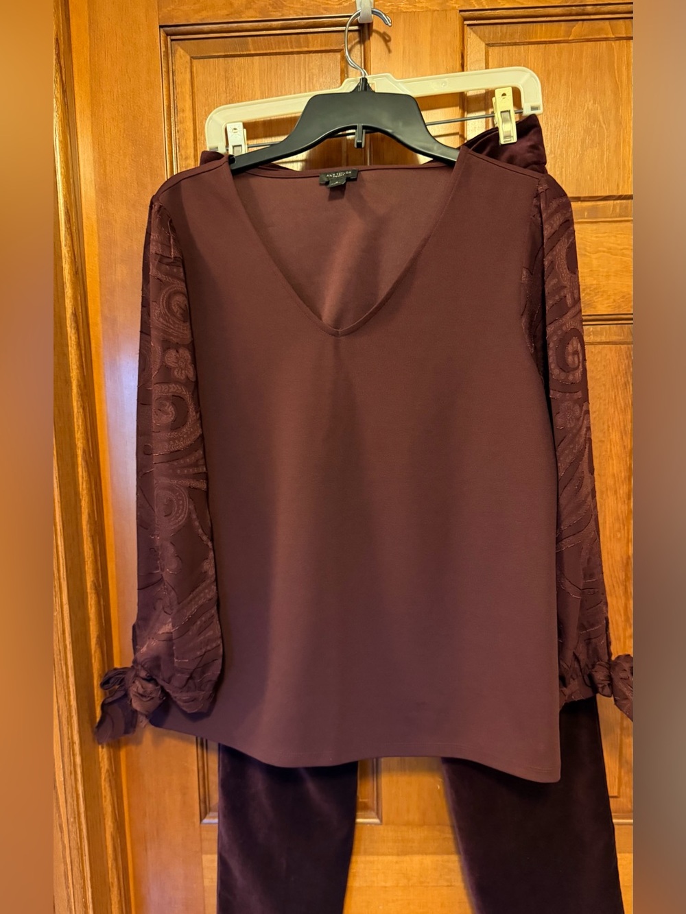 Ann Taylor Factory Plum V-Neck Blouse with Patterned Sleeves and Tie Cuffs